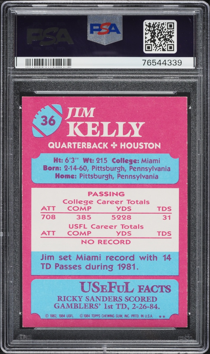 1984 Topps USFL Jim Kelly ROOKIE #36 PSA 8 NM-MT