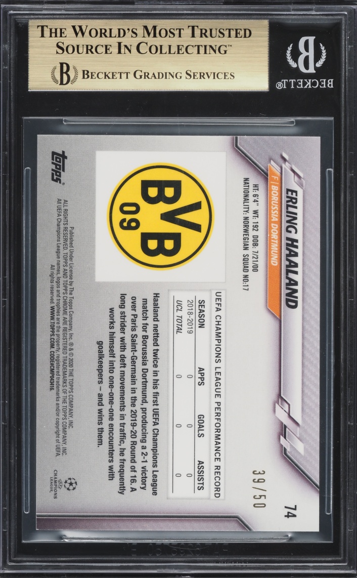 2019 Topps Chrome Sapphire UEFA Orange Erling Haaland ROOKIE /50 #74 BGS 9.5 GEM MINT