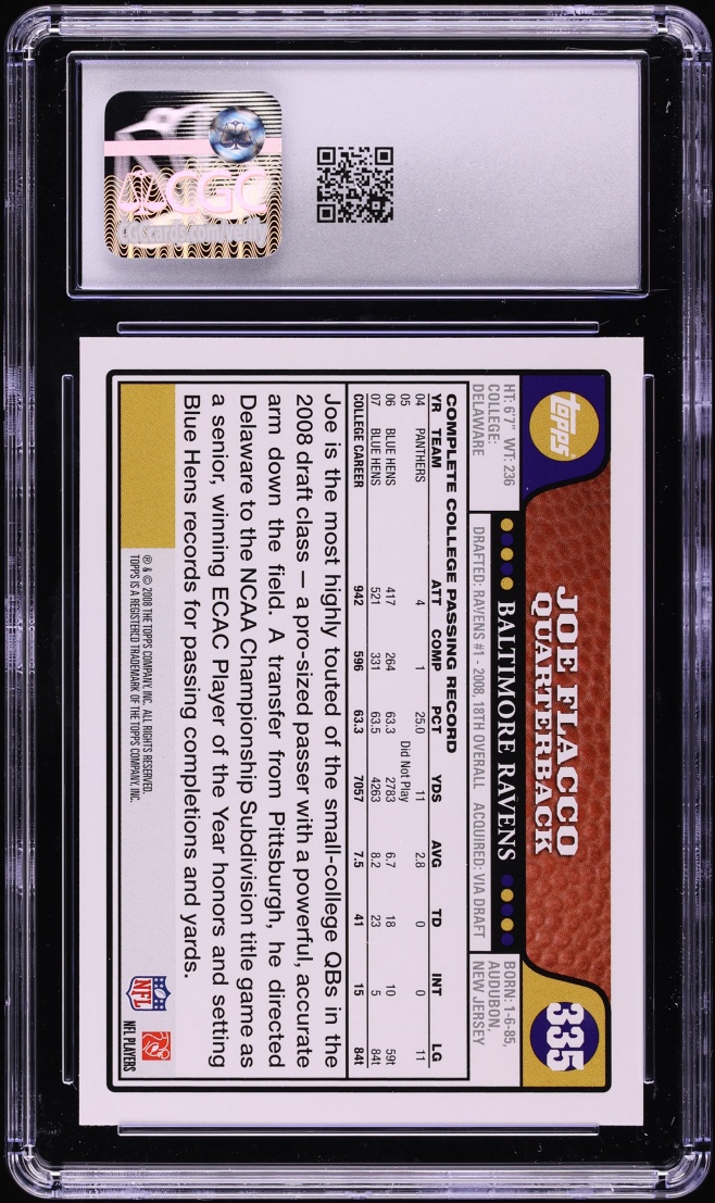 2008 Topps Football Joe Flacco ROOKIE #335 CGC 10 GEM MINT