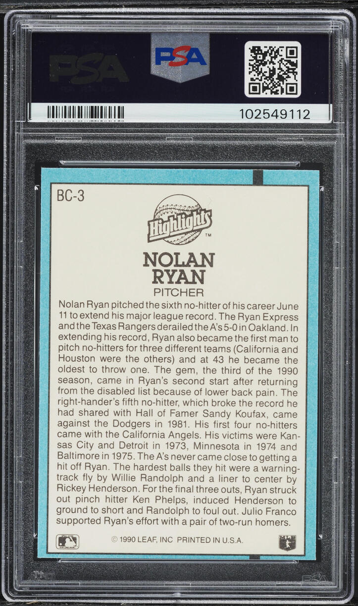 1991 Donruss Highlights Nolan Ryan #BC-3 PSA 8 NM-MT
