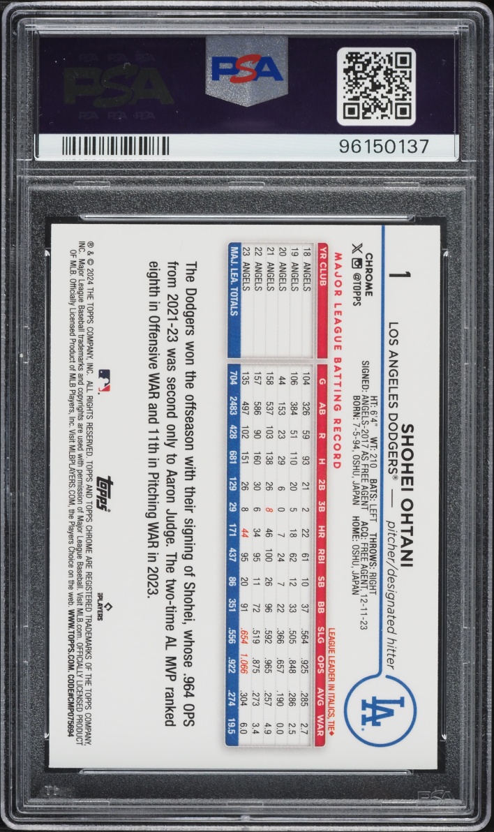 2024 Topps Chrome Purple Sonar Refractor Shohei Ohtani /275 #1 PSA 10 GEM MINT