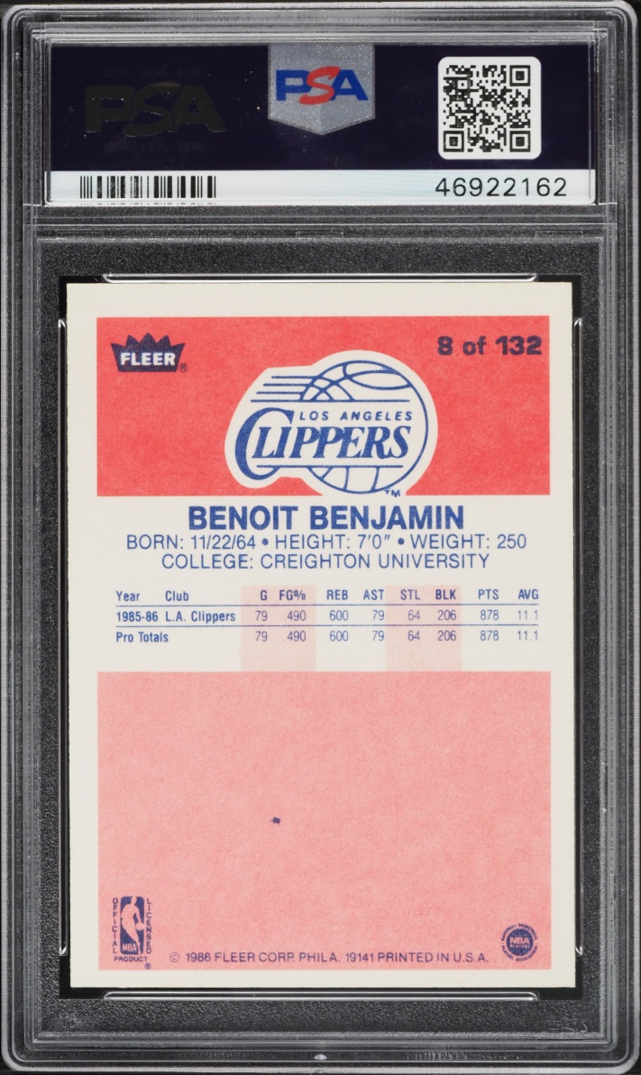 1986 Fleer Basketball Benoit Benjamin ROOKIE #8 PSA 9 MINT