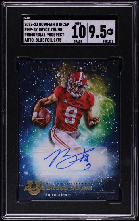 2022 Bowman University Inception Primordial Blue Foil Bryce Young ROOKIE AUTO /75 SGC 9.5 MINT+ - Photo 1