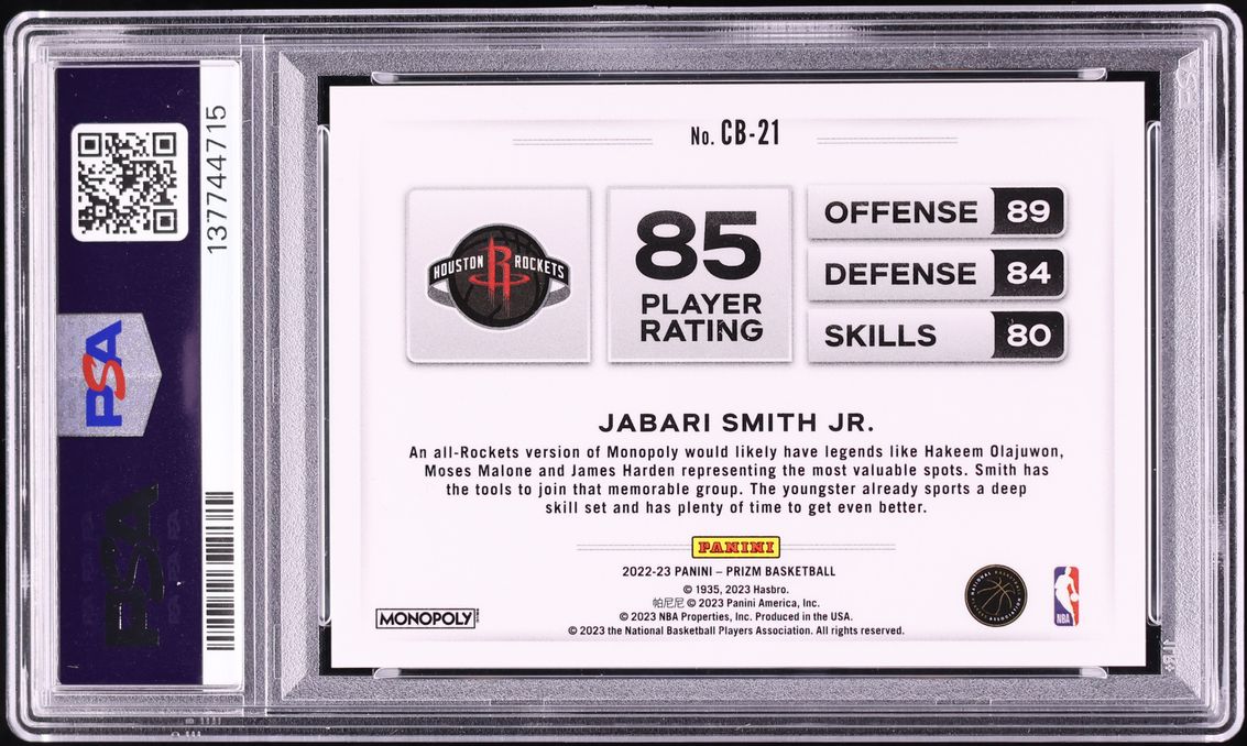 2022 Panini Prizm Monopoly Color Blast Jabari Smith Jr. ROOKIE #CB21 PSA 10 GEM MINT - Photo 2