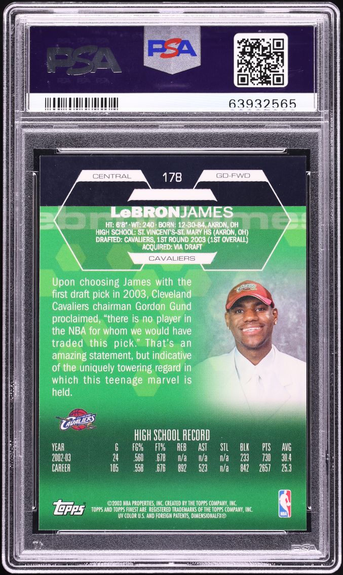 2002 Finest Basketball LeBron James ROOKIE #178 PSA 10 GEM MINT - Photo 2