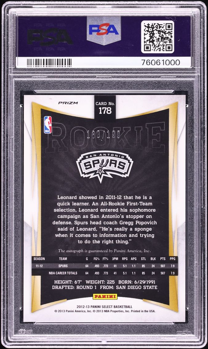 2012 Select Silver Prizm Kawhi Leonard ROOKIE AUTO /199 #178 PSA 10 GEM MINT - Photo 2