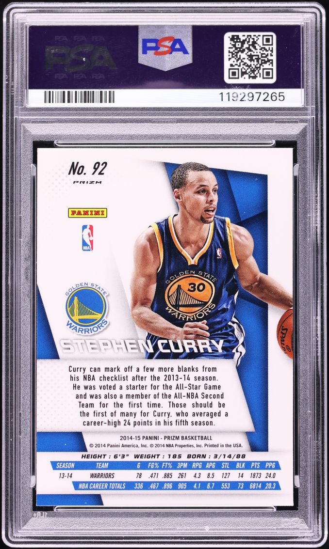2014 Panini Prizm Blue Mojo Stephen Curry #92 PSA 10 GEM MINT - Photo 2