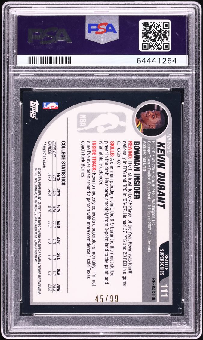 2007 Bowman Chrome Gold Refractor Kevin Durant ROOKIE /99 #111 PSA 9 MINT - Photo 2