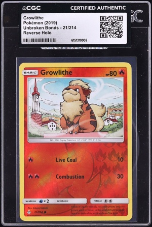 2019 Pokemon Sun & Moon Unbroken Bonds Reverse Holo Growlithe #21 CGC AUTH