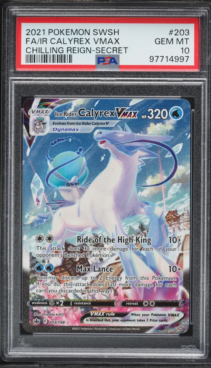 2021 Pokemon Sword & Shield Chilling Reign Full Art Ice Rider Calyrex VMAX #203 PSA 10 GEM MINT