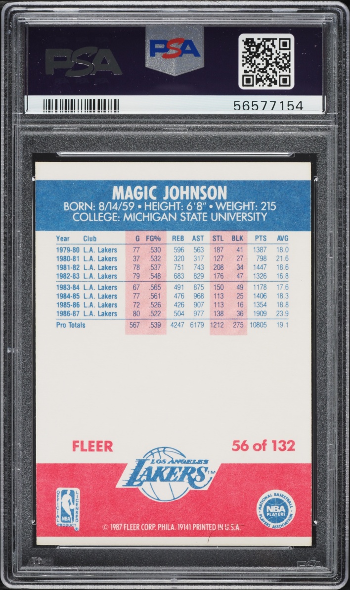 1987 Fleer Basketball Magic Johnson #56 PSA 8 NM-MT