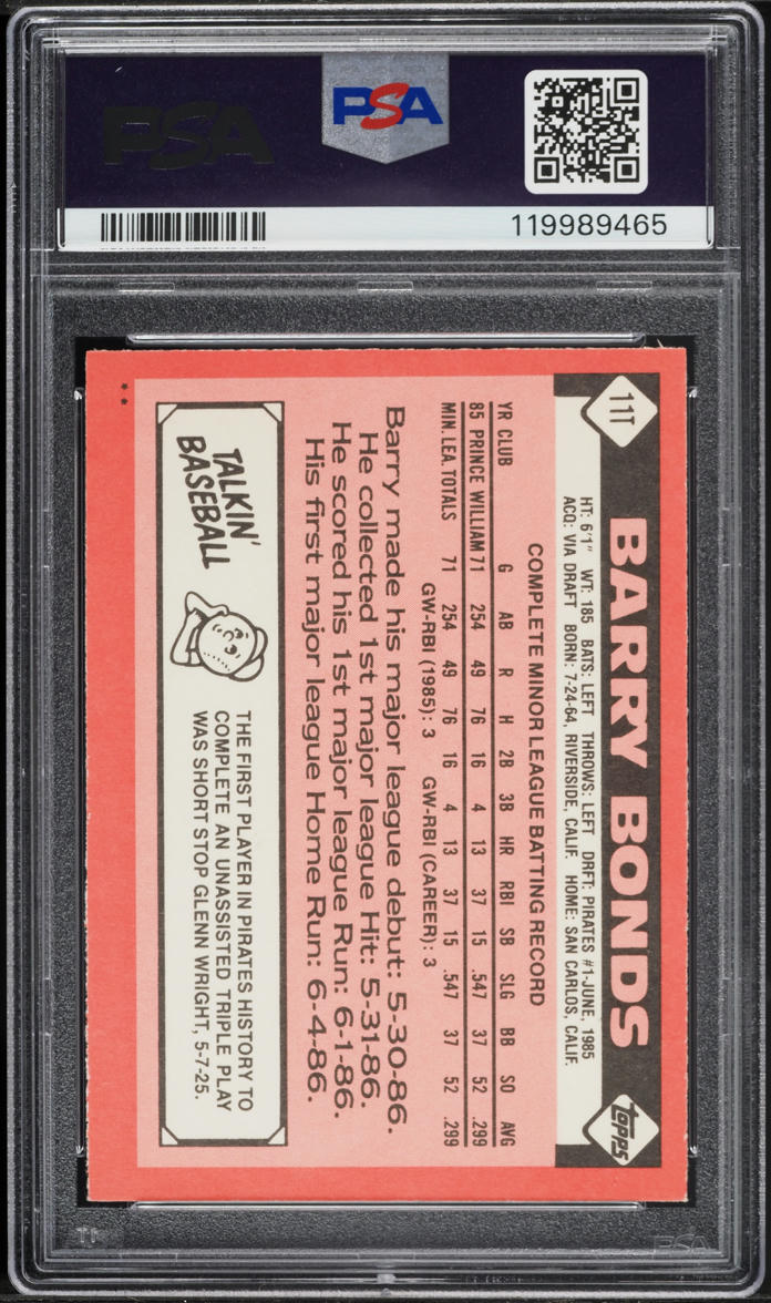 1986 Topps Traded Barry Bonds ROOKIE #11T PSA 8 NM-MT