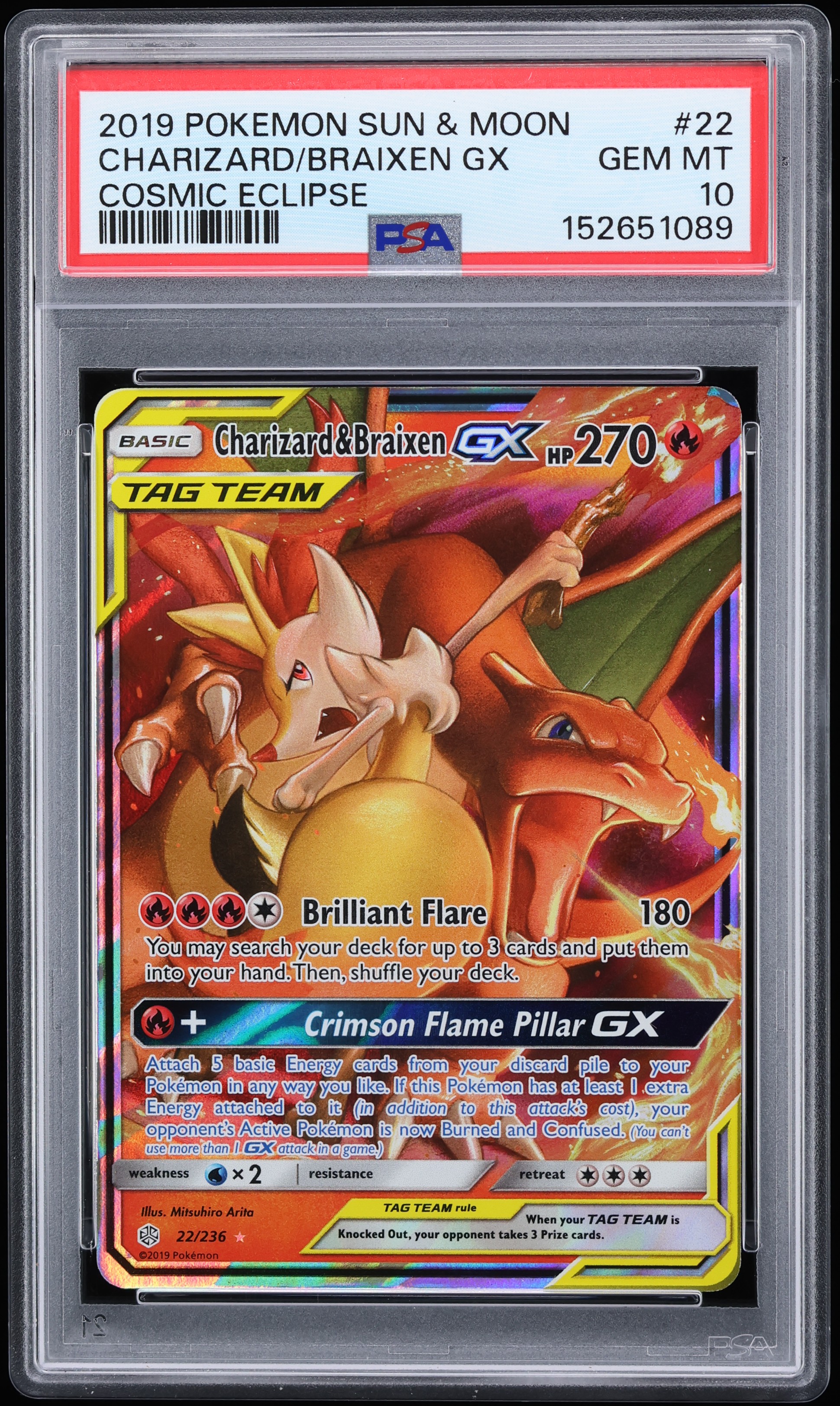 2019 Pokemon Sun & Moon Cosmic Eclipse Holo Charizard & Braixen GX #22 PSA 10 GEM MINT