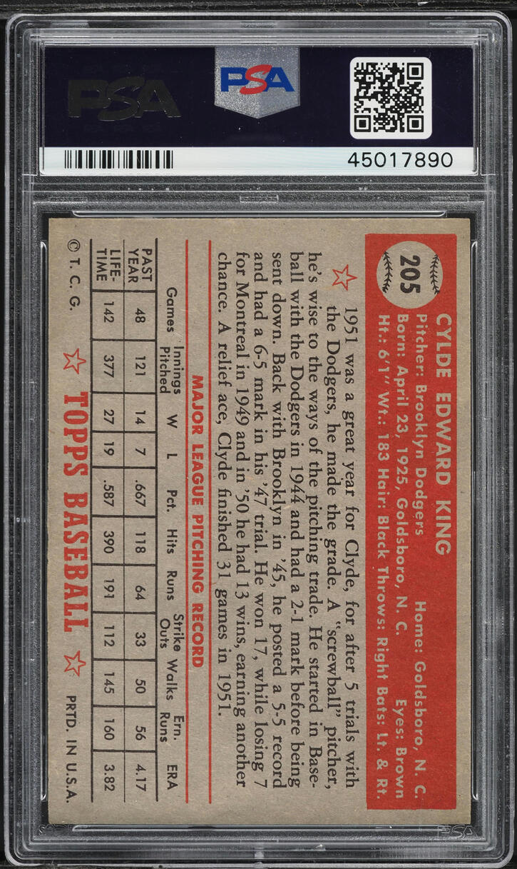 1952 Topps Clyde King #205 PSA 7 NRMT