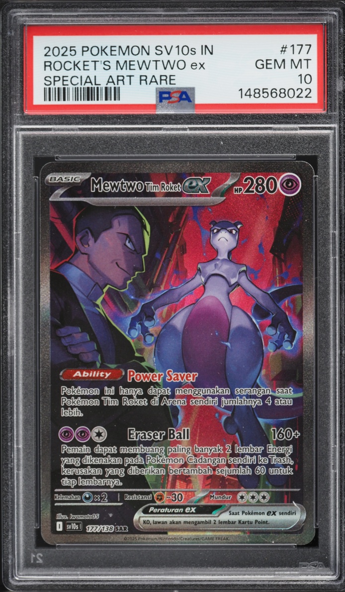 2025 Pokemon Indonesian SV Presence Of Champions SAR Rocket's Mewtwo Ex #177 PSA 10 GEM MINT