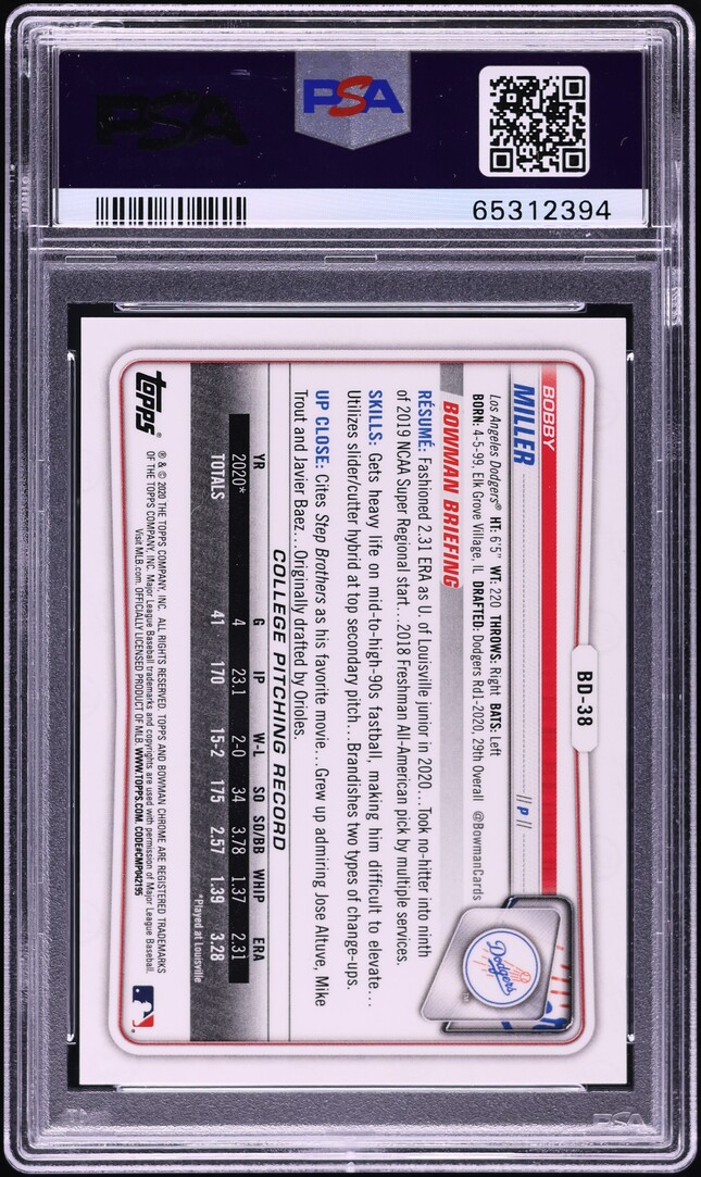 2020 Bowman Chrome Draft Blue Refractor Bobby Miller PROSPECT /150 #BD-38 PSA 10