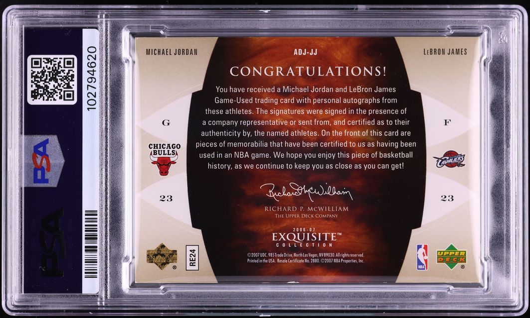 2006 Exquisite Collection Dual Jersey Michael Jordan LeBron James PATCH AUTO 1/5 #ADJ-JJ PSA 6