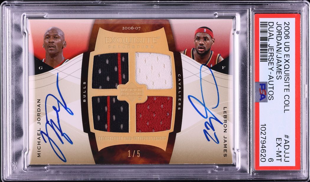 2006 Exquisite Collection Dual Jersey Michael Jordan LeBron James PATCH AUTO 1/5 #ADJ-JJ PSA 6