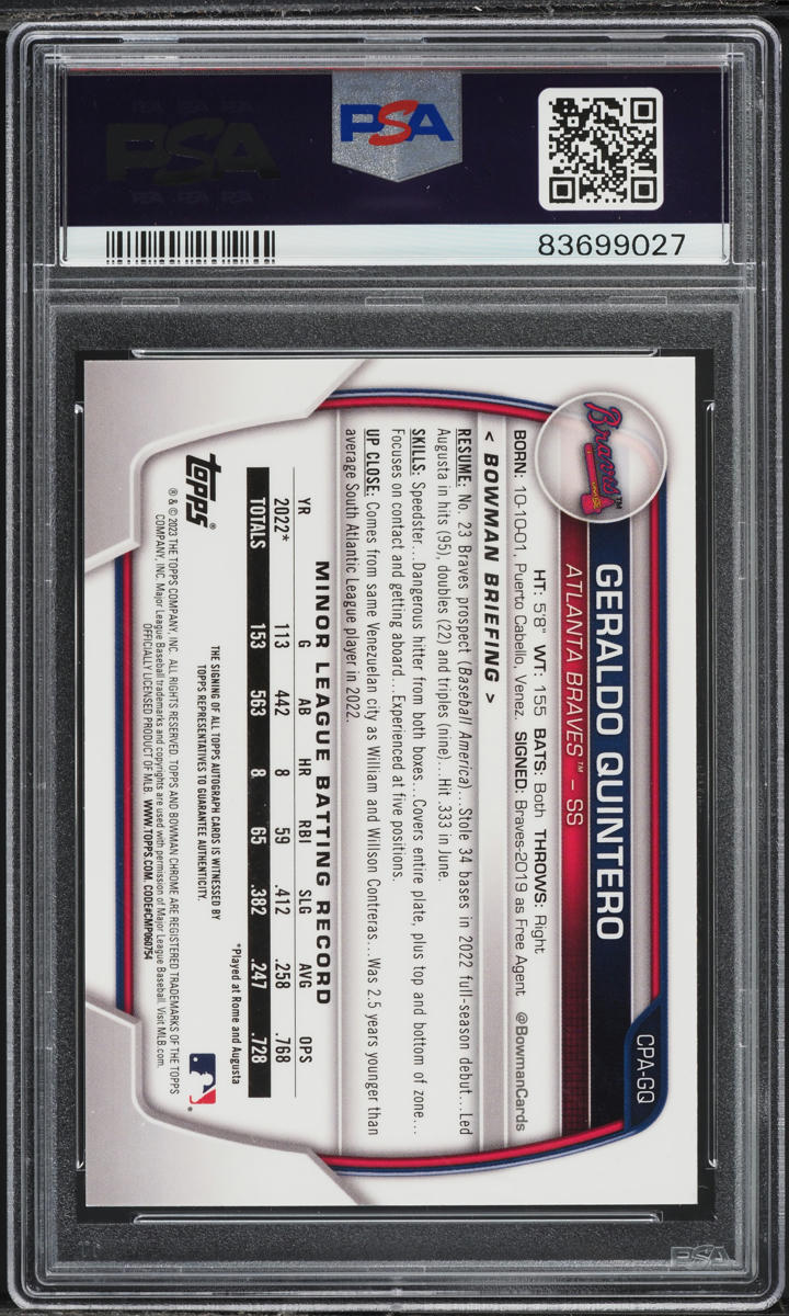 2023 Bowman Chrome Gold Shimmer Geraldo Quintero PROSPECT AUTO 50/50 PSA 10 GEM