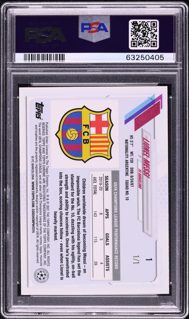 2020 Topps Chrome UEFA Sapphire Padparadscha Lionel Messi 1/1 #1 PSA 10 GEM MINT