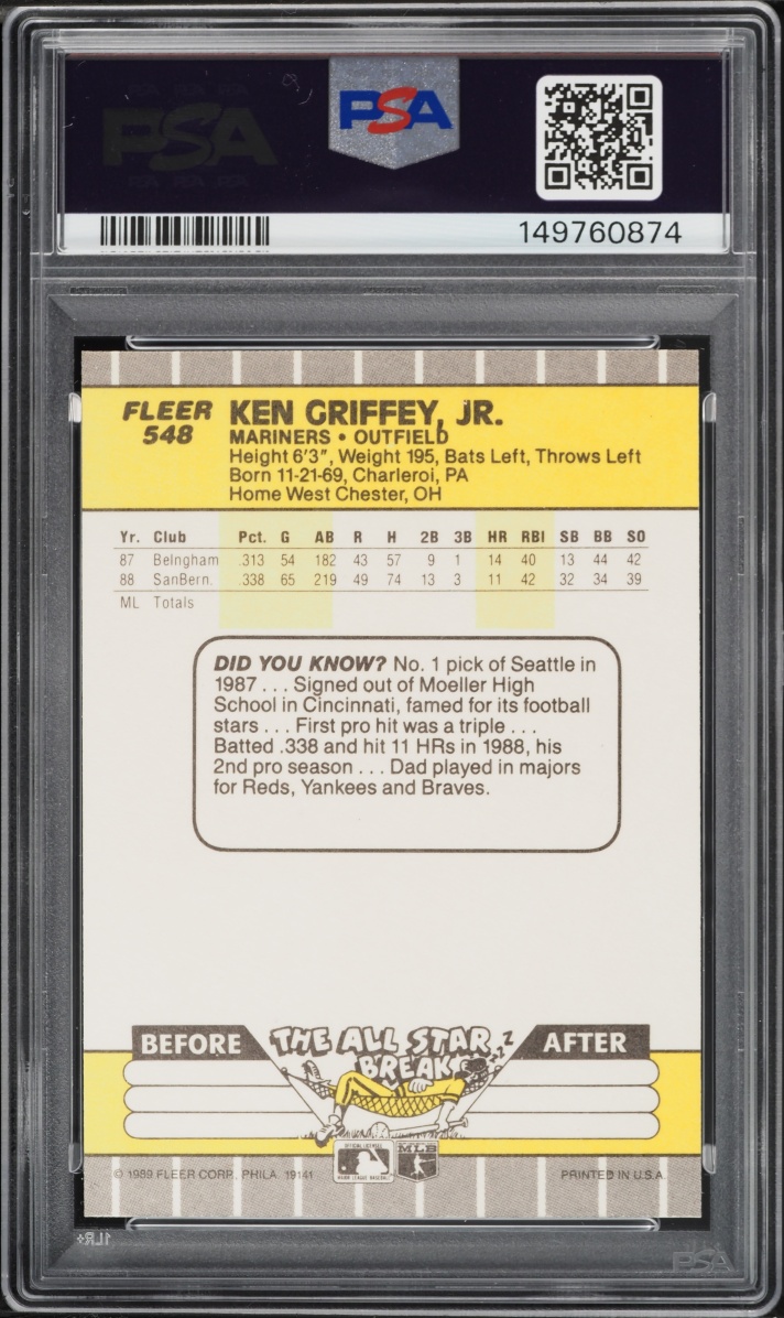 1989 Fleer Ken Griffey Jr. ROOKIE #548 PSA 10 GEM MINT