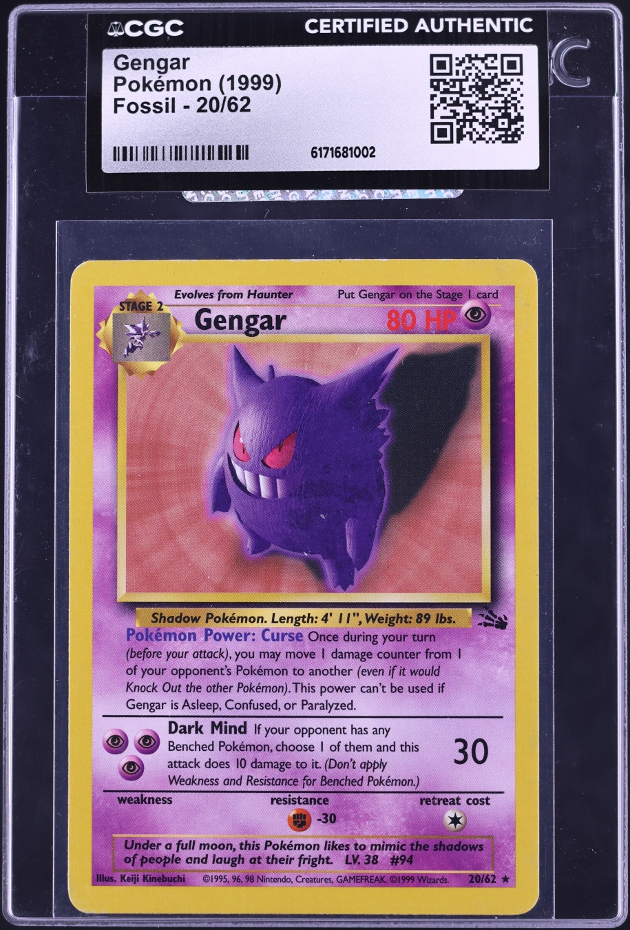1999 Pokemon Fossil Gengar #20 CGC AUTH