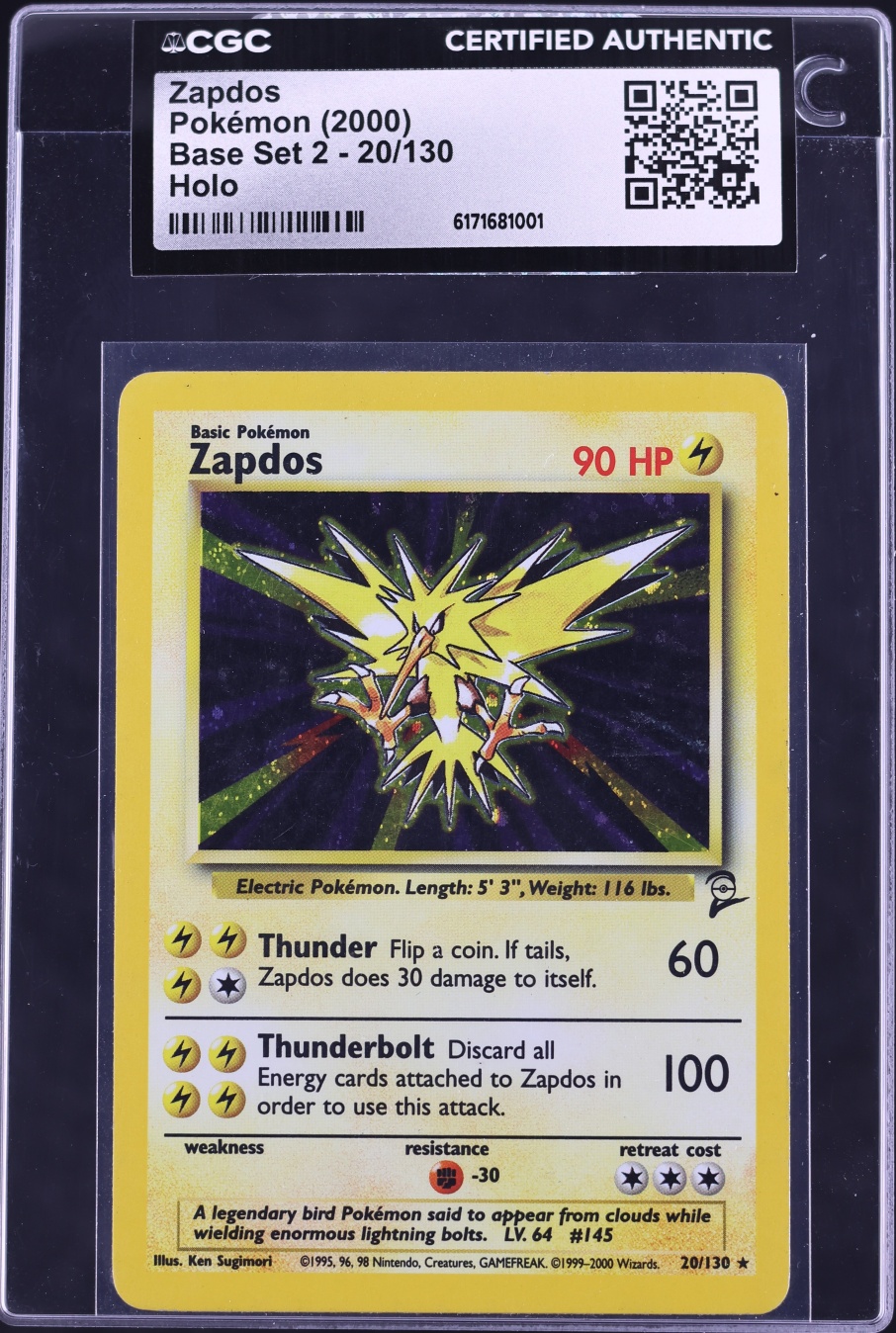 2000 Pokemon Base Set 2 Holo Zapdos #20 CGC AUTH