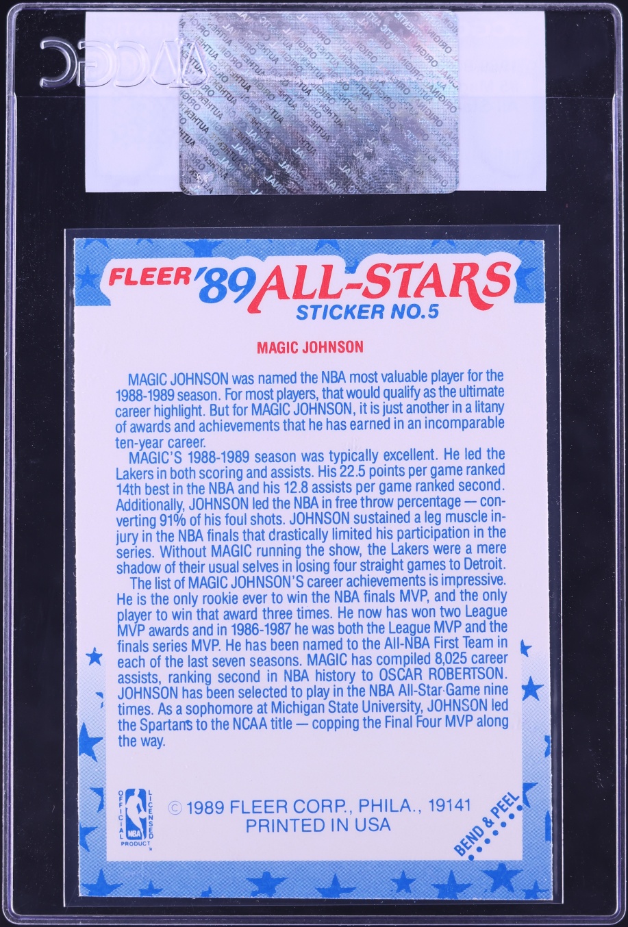 1989 Fleer Stickers Magic Johnson ALL-STAR #5 CGC AUTH