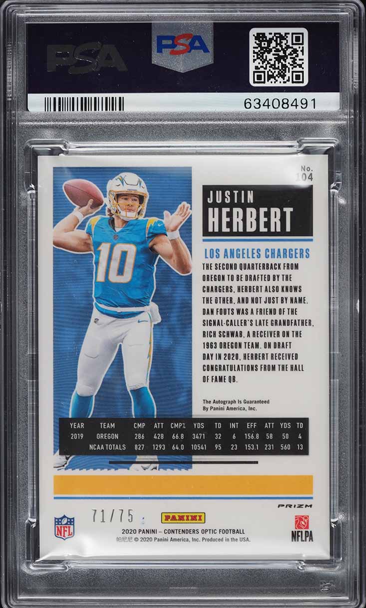 2020 Panini Contenders Optic Blue Justin Herbert ROOKIE AUTO /75 #104 PSA 9 MINT