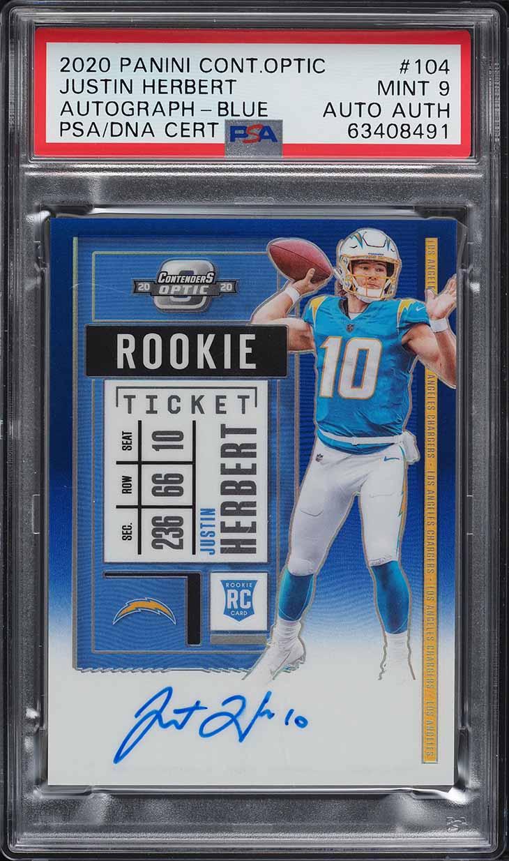 2020 Panini Contenders Optic Blue Justin Herbert ROOKIE AUTO /75 #104 PSA 9 MINT