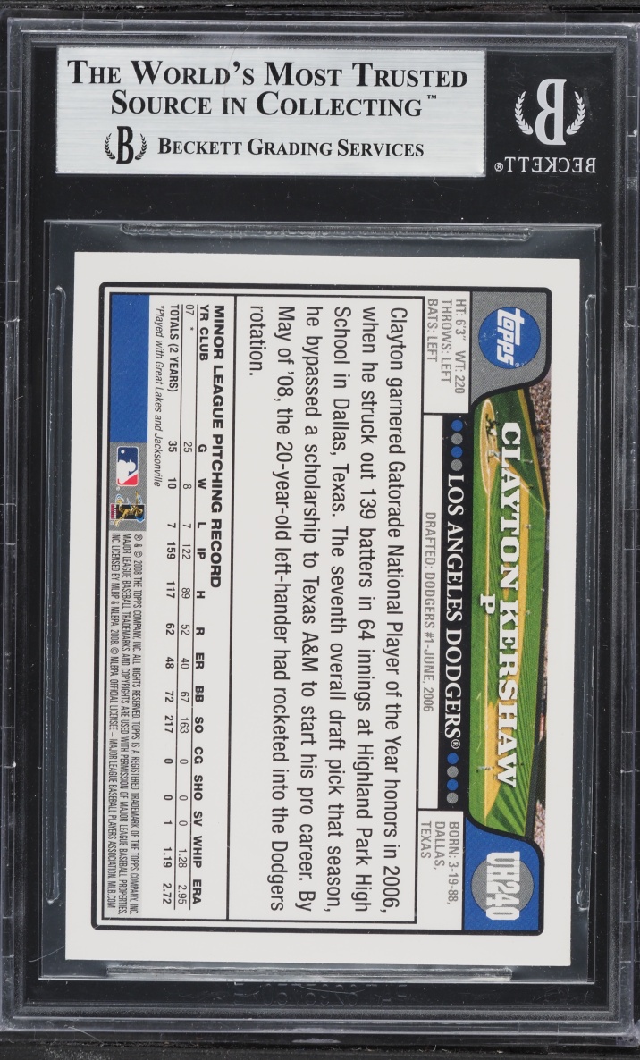 2008 Topps Update Clayton Kershaw ROOKIE #UH240 BGS 9 MINT