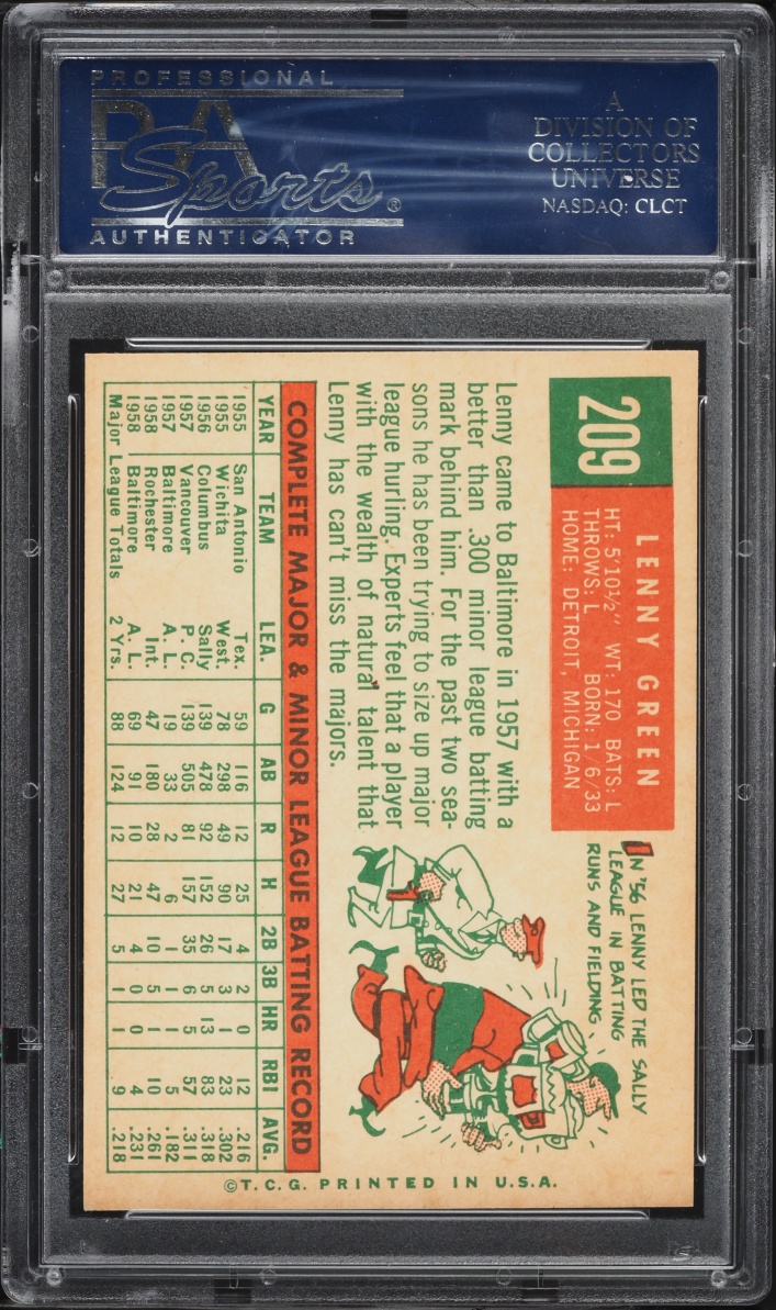 1959 Topps Lenny Green WHITE BACK #209 PSA 7 NRMT