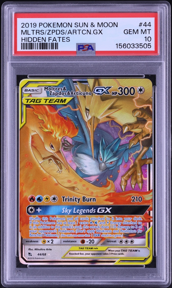 2019 Pokemon Sun & Moon Hidden Fates Moltres & Zapdos & Articuno GX #44 PSA 10 GEM MINT