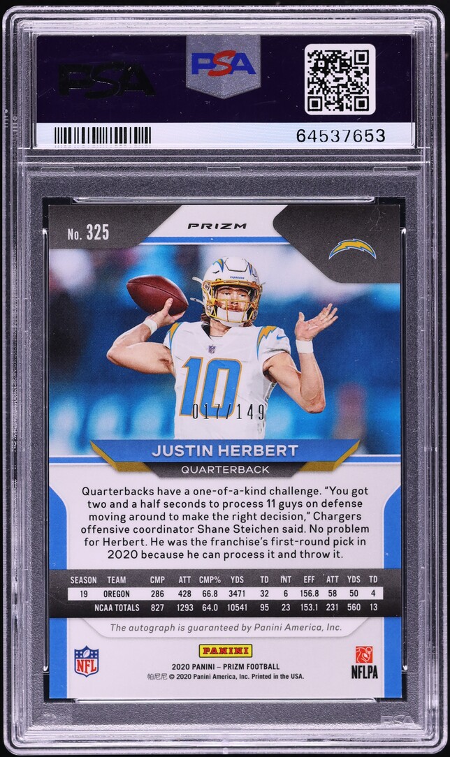 2020 Panini Prizm Red Wave Justin Herbert ROOKIE AUTO DNA 9 /149 #325 PSA 9 MINT