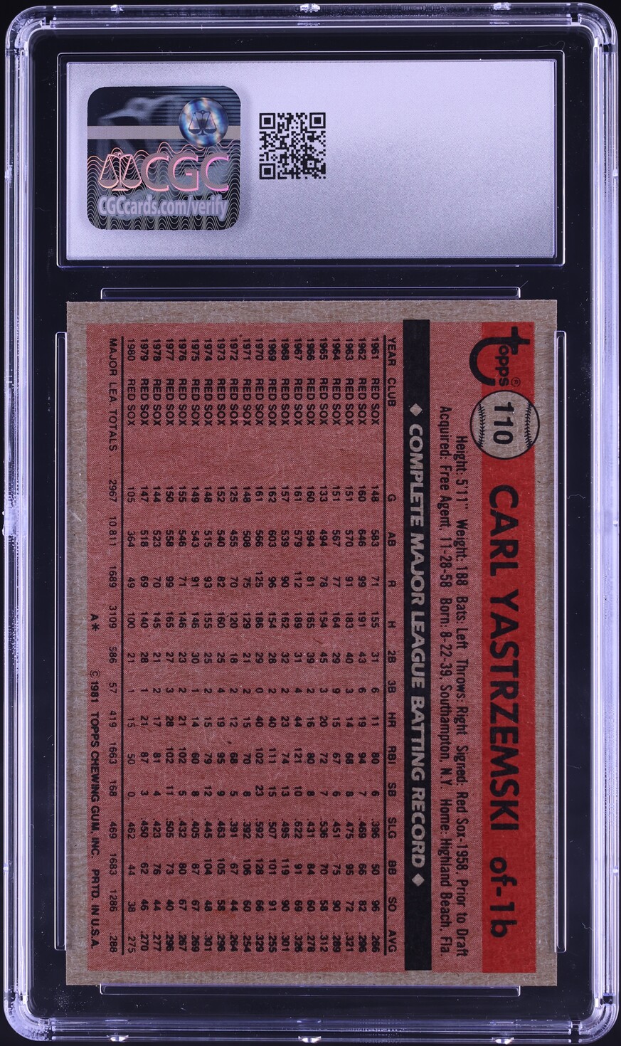 1981 Topps Carl Yastrzemski #110 CGC 8 NM-MT