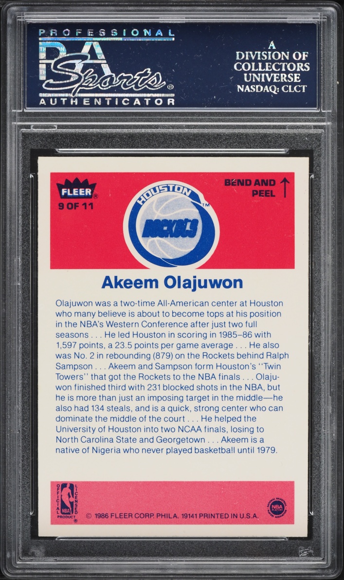 1986 Fleer Sticker Hakeem Olajuwon #9 PSA 9 MINT