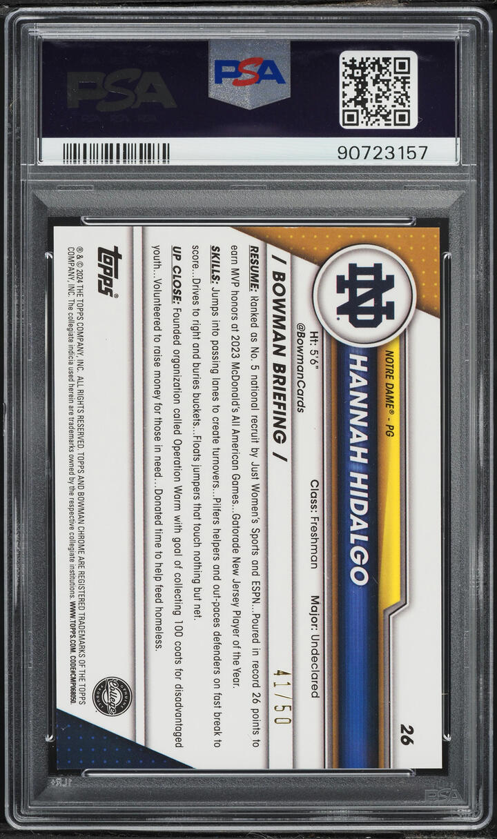 2023 Bowman Chrome University Gold Shimmer Hannah Hidalgo ROOKIE /50 #26 PSA 9 MINT - Photo 2
