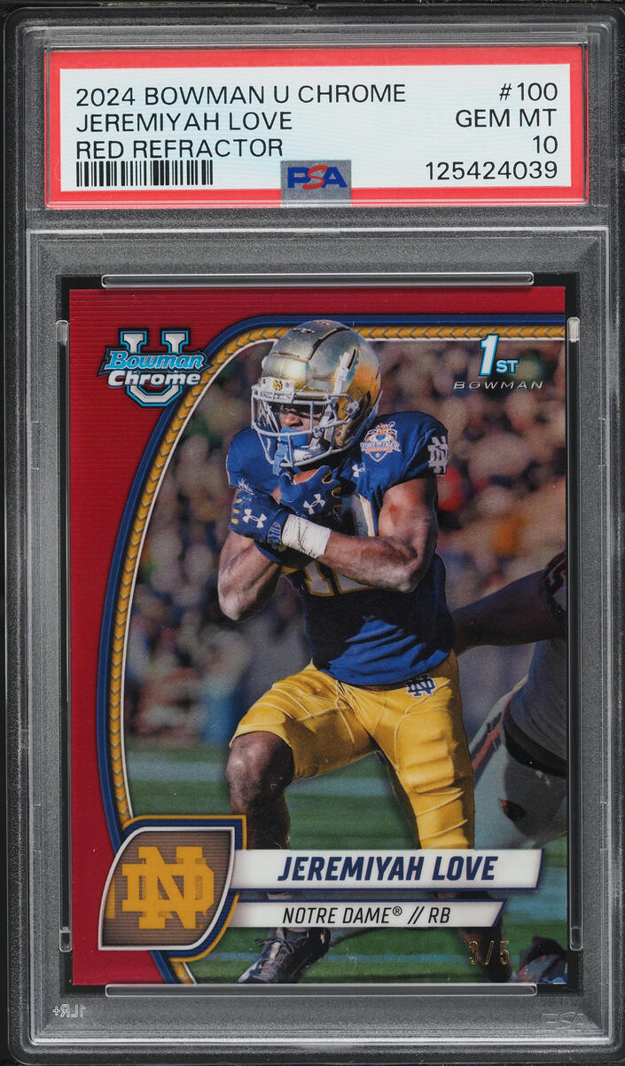 2024 Bowman Chrome University Red Refractor Jeremiyah Love ROOKIE /5 #100 PSA 10 GEM MINT - Photo 1