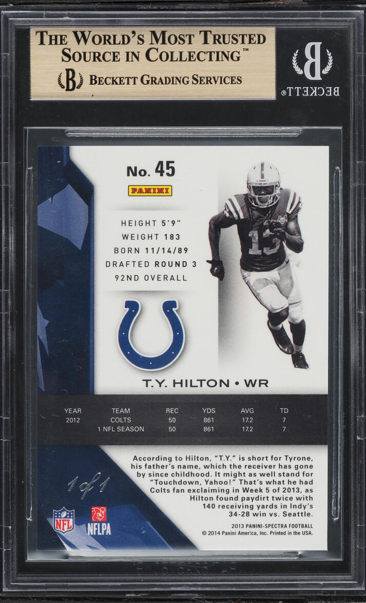 2013 Panini Spectra Black Atomic T.Y. Hilton 1/1 #45 BGS 9.5 GEM MINT - Photo 2