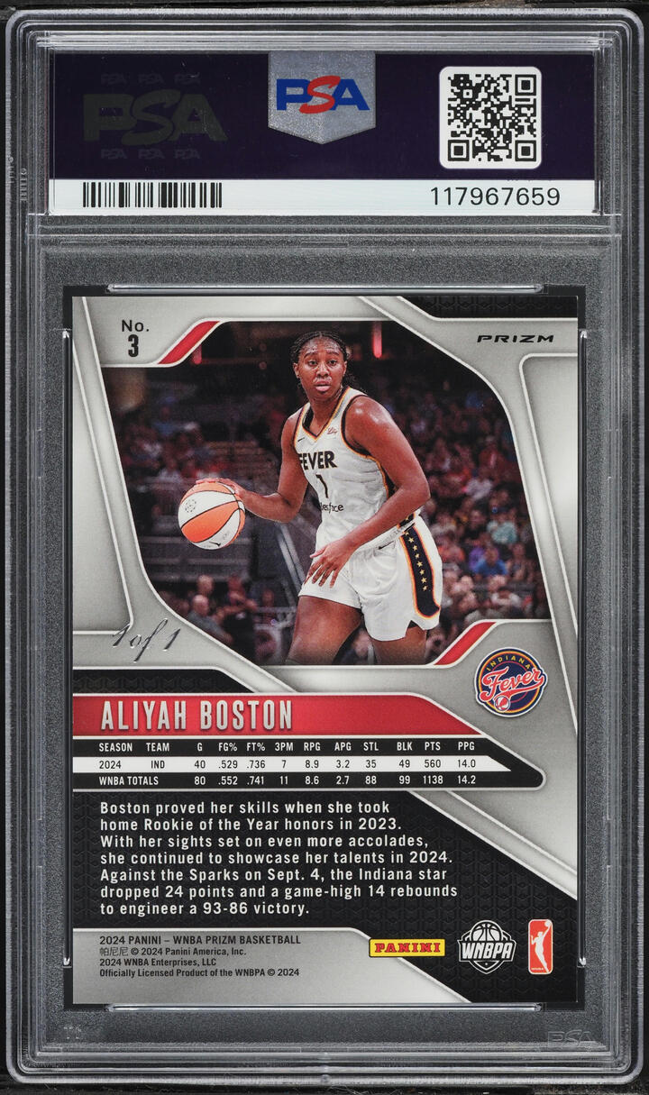 2024 Panini Prizm WNBA Black Finite Aliyah Boston 1/1 #3 PSA 8 NM-MT - Photo 2