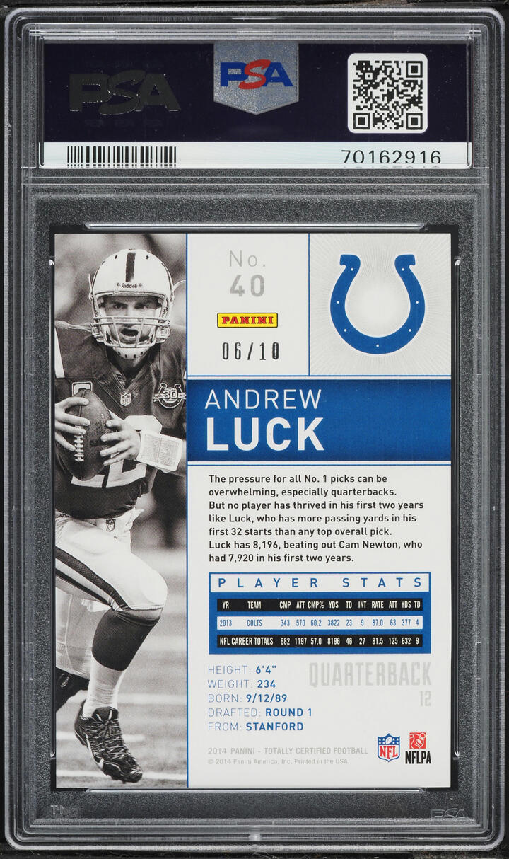 2014 Totally Certified Mirror Platinum Blue Andrew Luck /10 #40 PSA 10 GEM MINT - Photo 2