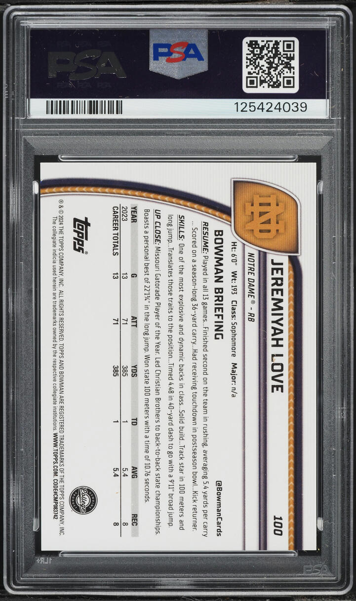 2024 Bowman Chrome University Red Refractor Jeremiyah Love ROOKIE /5 #100 PSA 10 GEM MINT - Photo 2