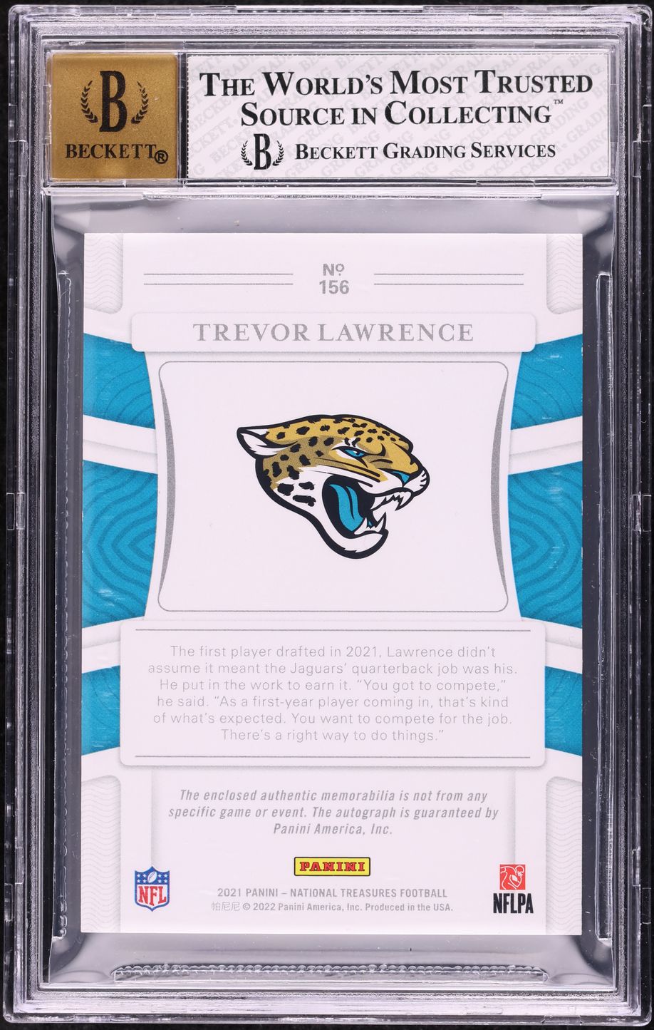 2021 National Treasures Platinum Trevor Lawrence RC SHIELD PATCH AUTO 1/1 BGS 8