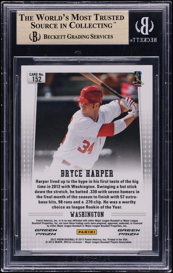 2012 Panini Prizm Green Bryce Harper ROOKIE #152 BGS 10 PRISTINE - Photo 2