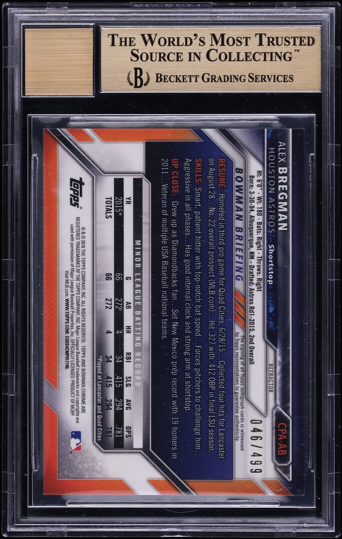 2016 Bowman Chrome Refractor Alex Bregman ROOKIE AUTO /499 #CPA-AB BGS 9.5 GEM MINT - Photo 2