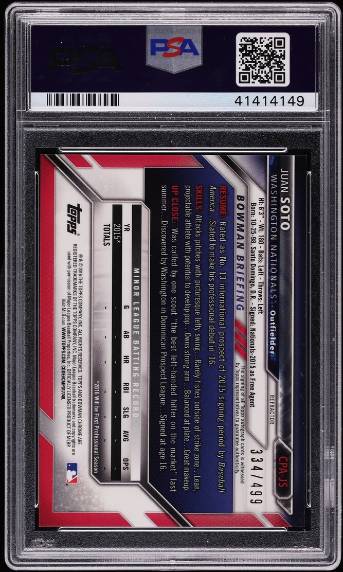 2016 Bowman Chrome Refractor Juan Soto PROSPECT AUTO DNA 10 /499 #CPA-JS PSA 10 GEM MINT - Photo 2