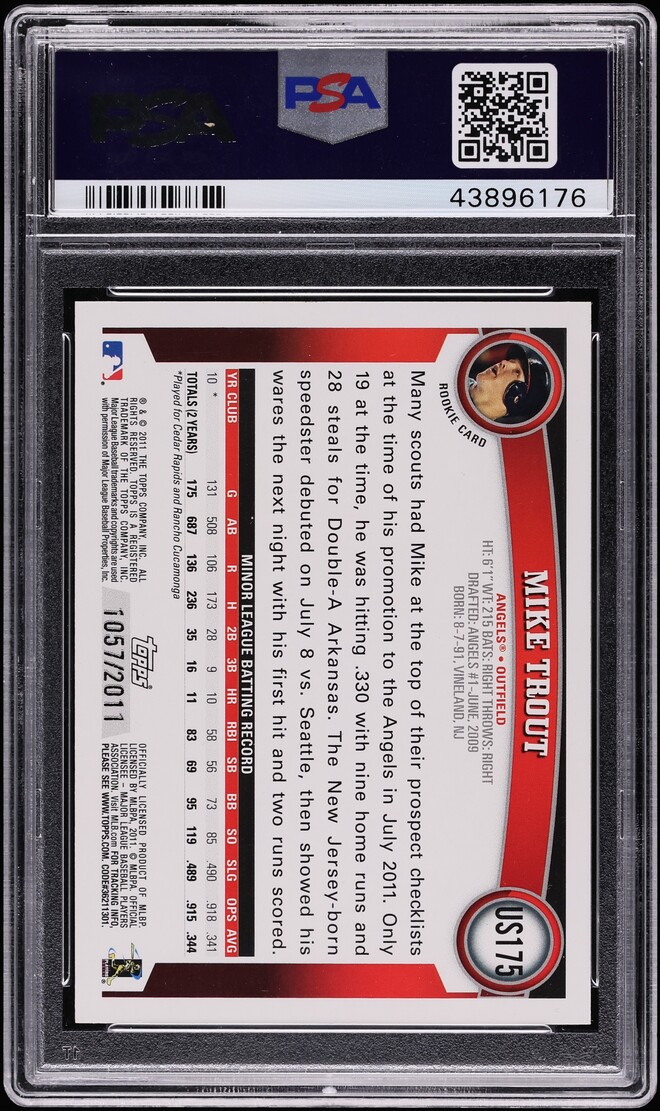 2011 Topps Update Gold Mike Trout ROOKIE /2011 #US175 PSA 9 MINT - Photo 2