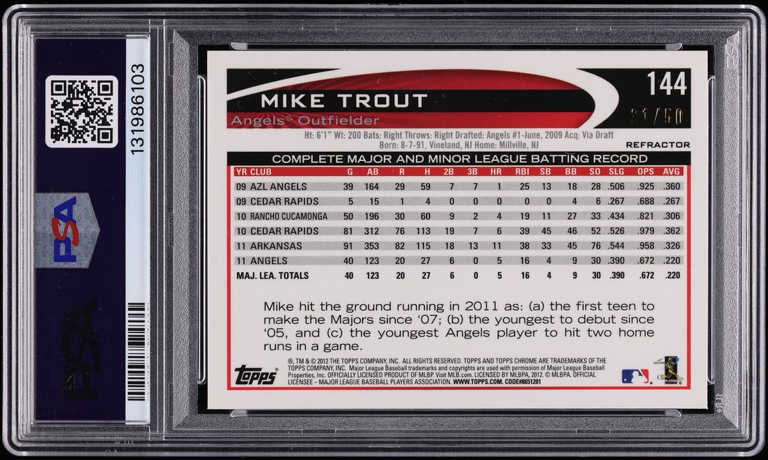 2012 Topps Chrome Gold Refractor Mike Trout /50 #144 PSA 9 MINT - Photo 2