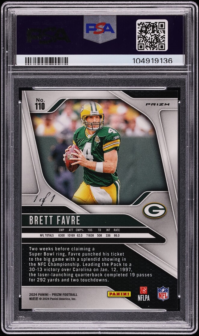 2024 Panini Prizm Black Finite Brett Favre 1/1 #110 PSA 8 NM-MT - Photo 2