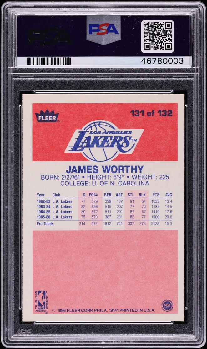1986 Fleer Basketball James Worthy ROOKIE #131 PSA 9 MINT - Photo 2